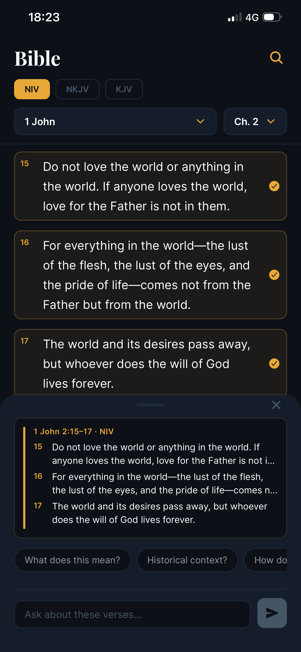 Bible reading view with Ask AI panel showing suggestion chips