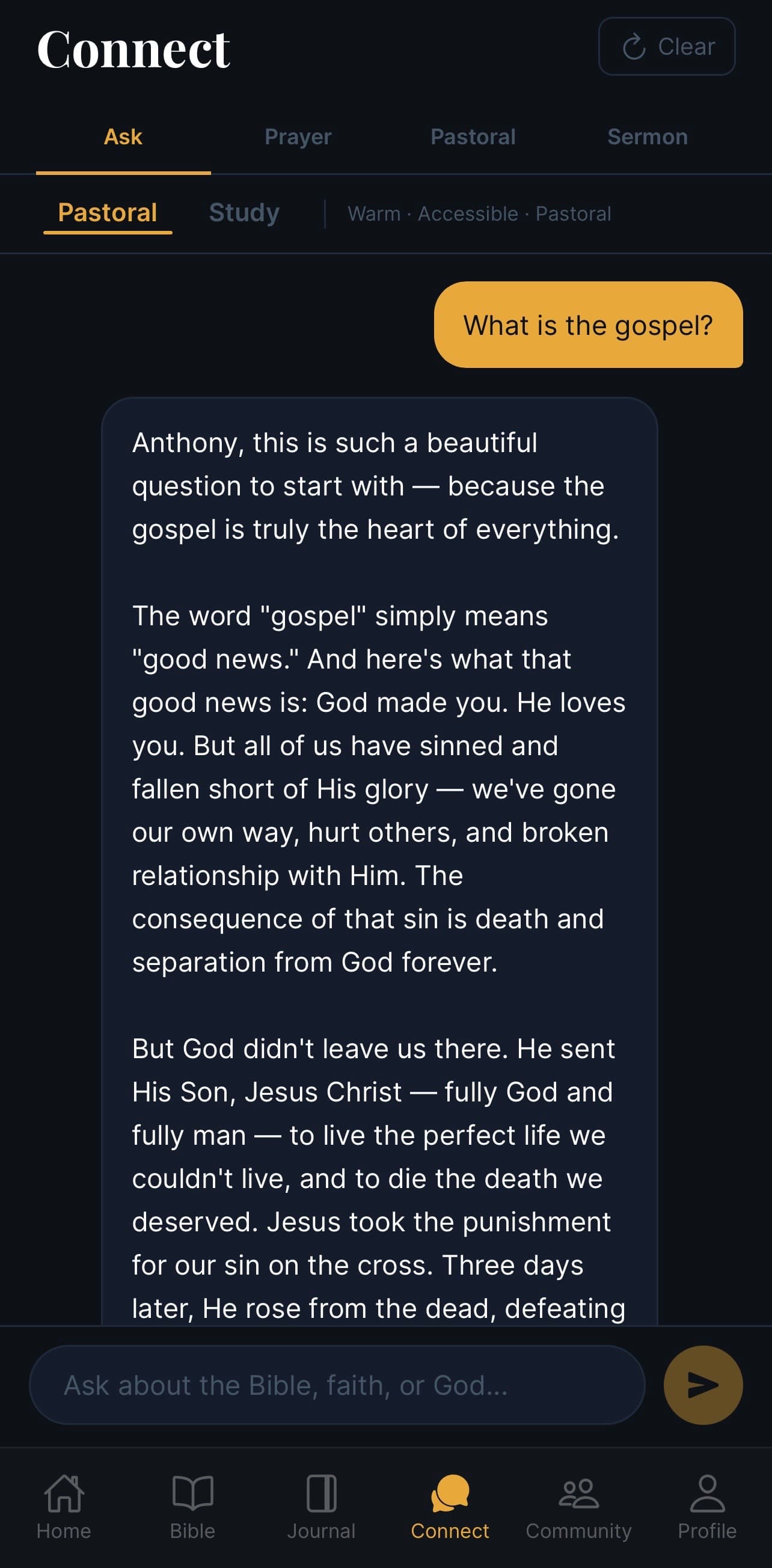 North Star Ask conversation showing pastoral response